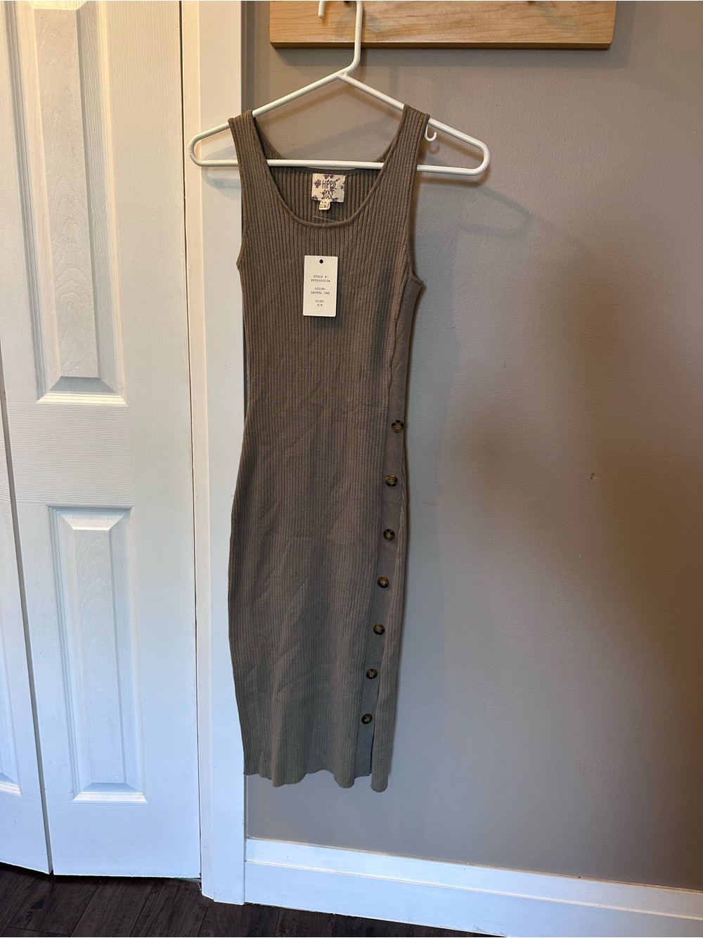 Ribbed Tank Midi Dress with Side Button Detail - Olive